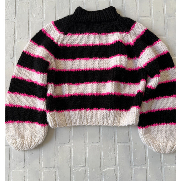 GOGO Handknit Wool Striped Sweater White Pink Black Wide Sleeved One Size - Picture 2 of 6
